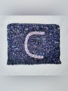 Purple Beaded Sequin Clutch with C Crystal Accent  
Made in London